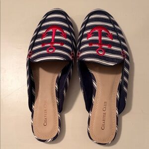 Charter Club Nautical Anchor Mules Loafers Navy Striped Slide Flats Size 7